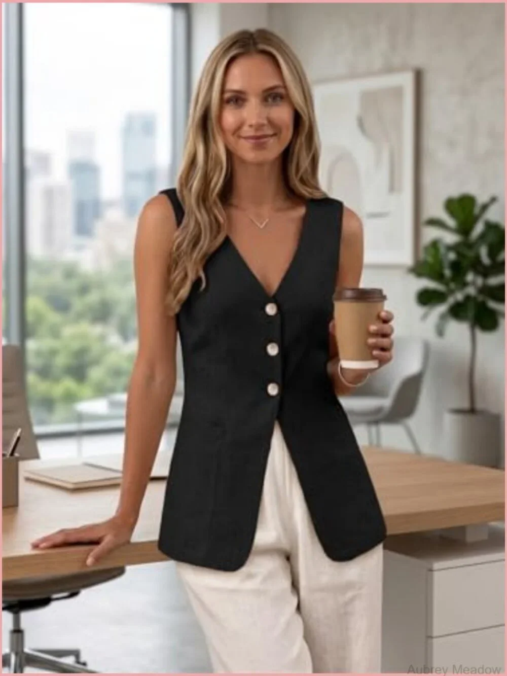 Lightweight Linen Blazer Vest Sleeveless Fully Lined Business Casual